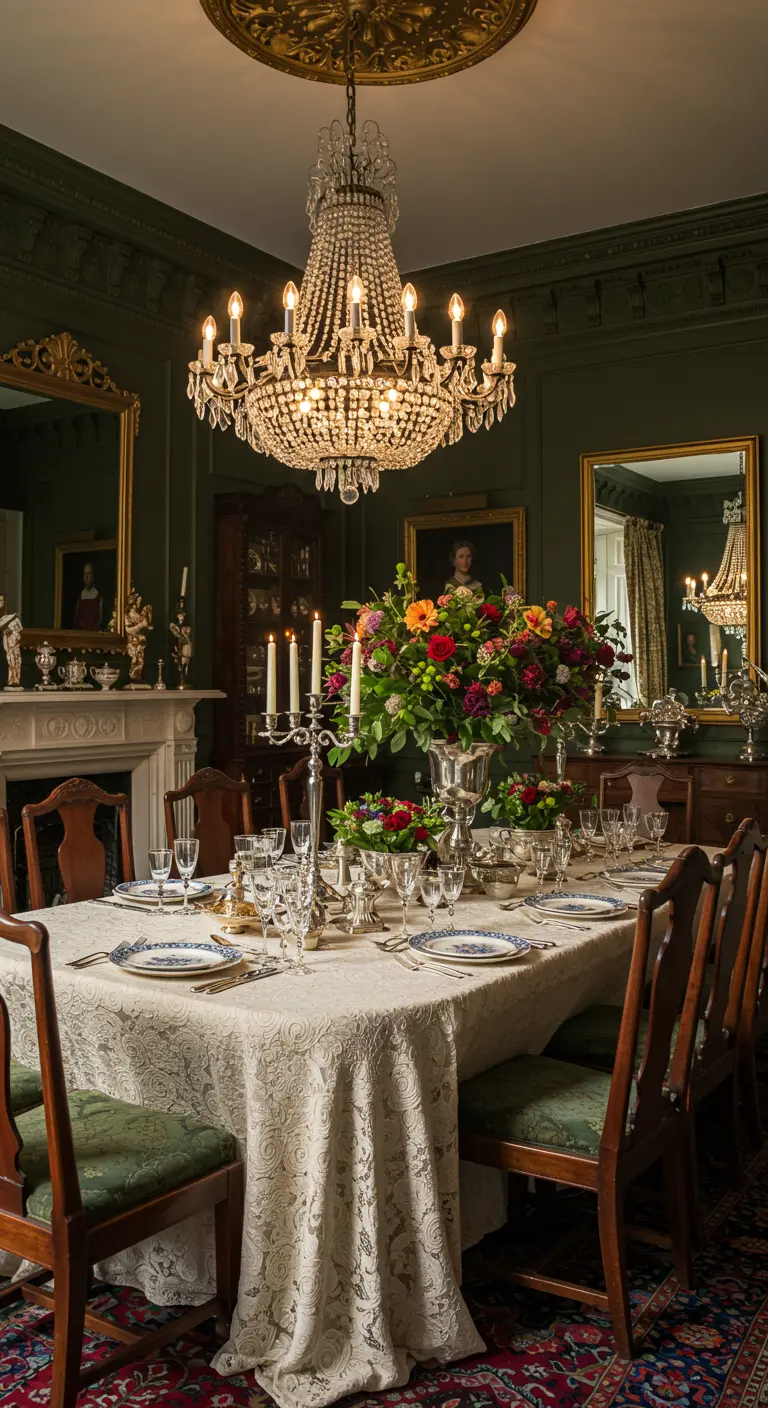 Salle à manger formelle avec nappe en dentelle, chandelier, grand bouquet floral, chandeliers argentés.