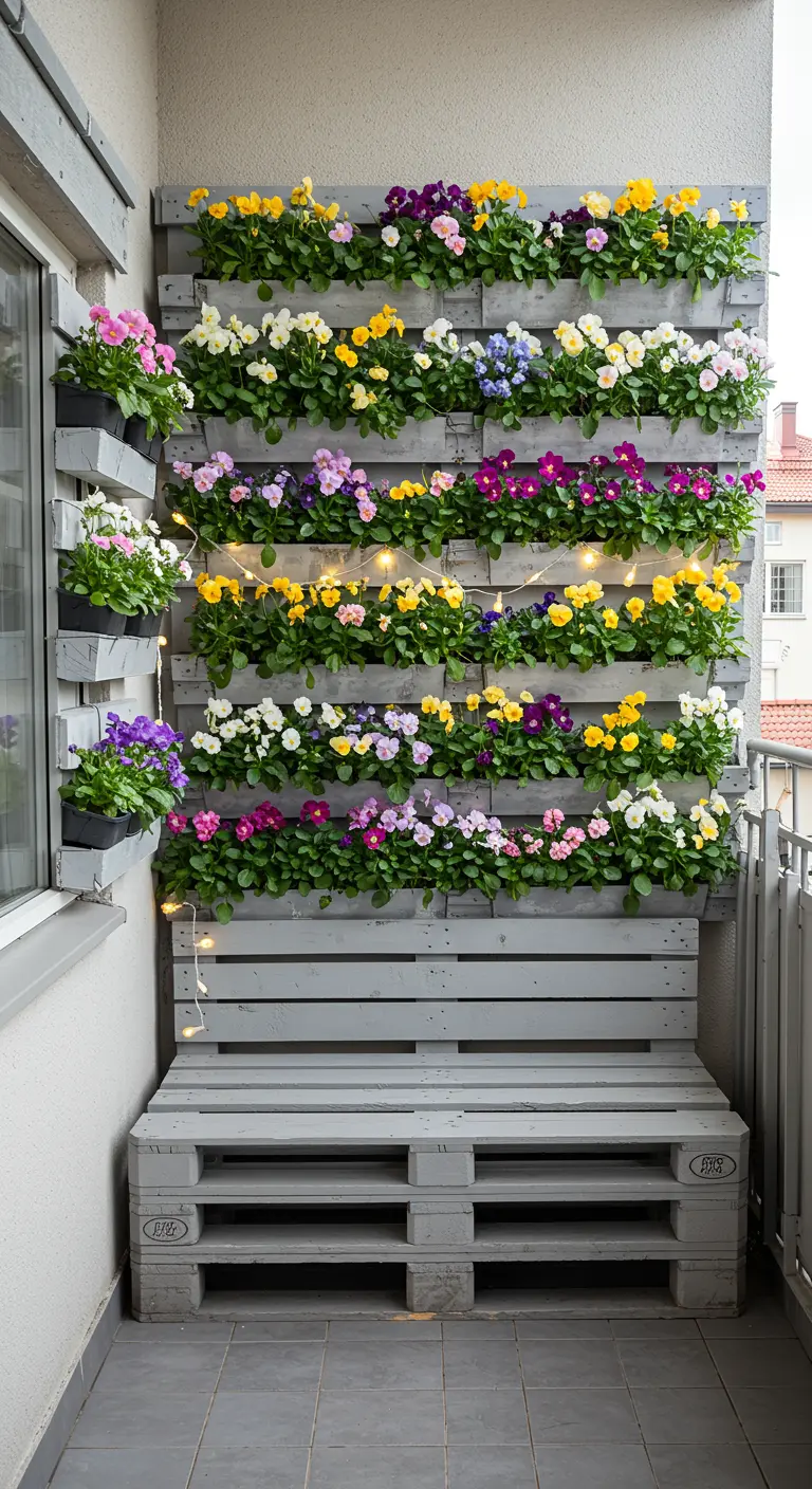 Grand mur végétal en palettes grises rempli de pensées colorées, avec une petite banquette intégrée et des guirlandes.