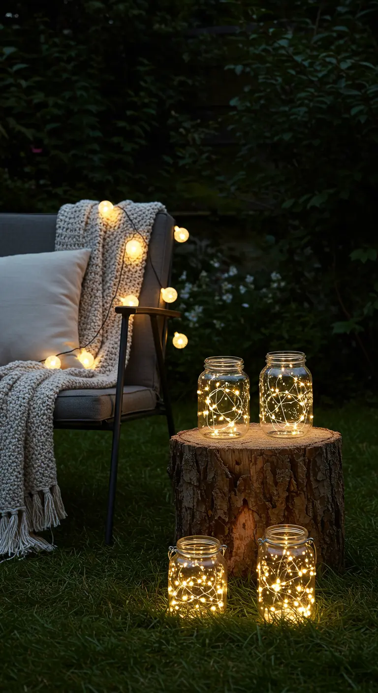 Coin de jardin cosy avec un fauteuil, un plaid, des guirlandes lumineuses et des bocaux lumineux posés sur une souche d'arbre et au sol.