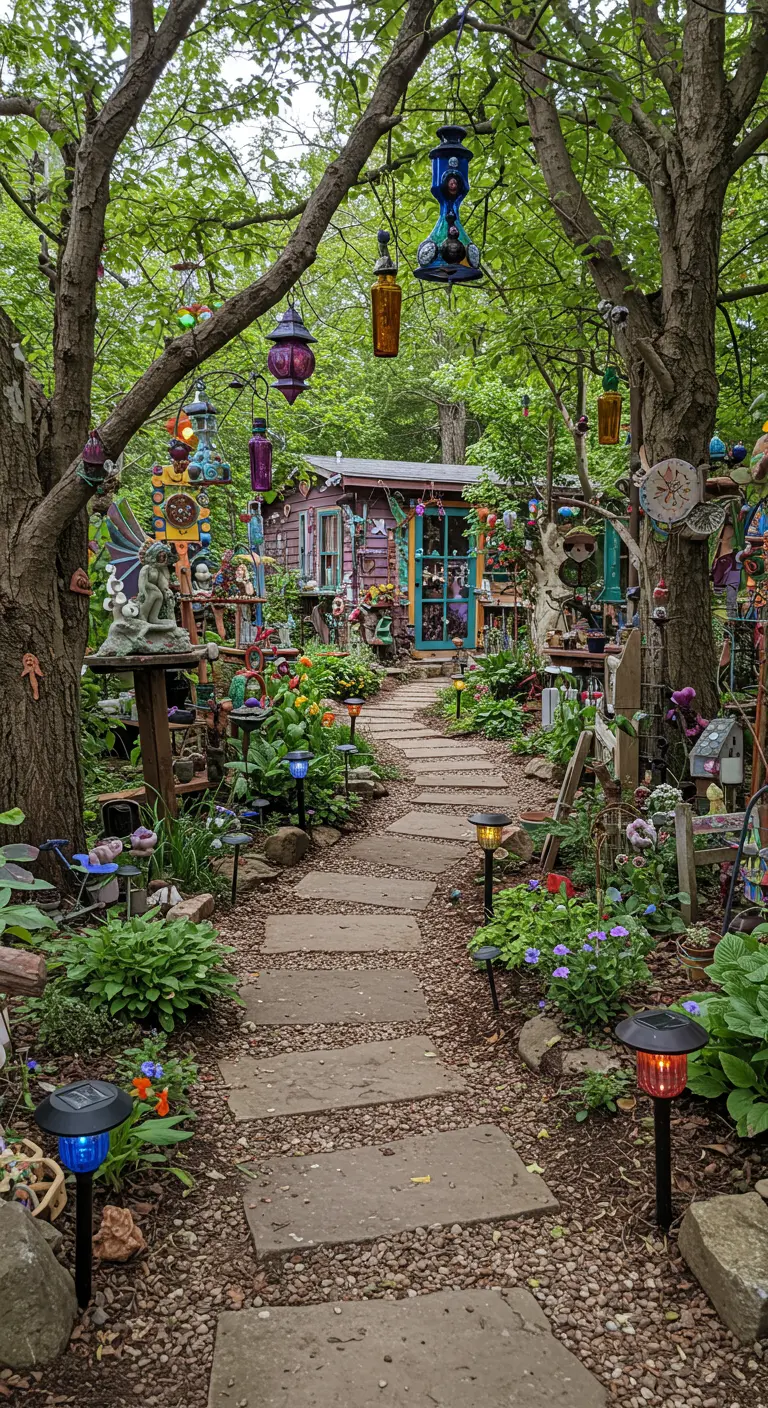 Jardin éclectique et bohème avec un chemin de dalles, des lanternes colorées et des objets décoratifs suspendus aux arbres.