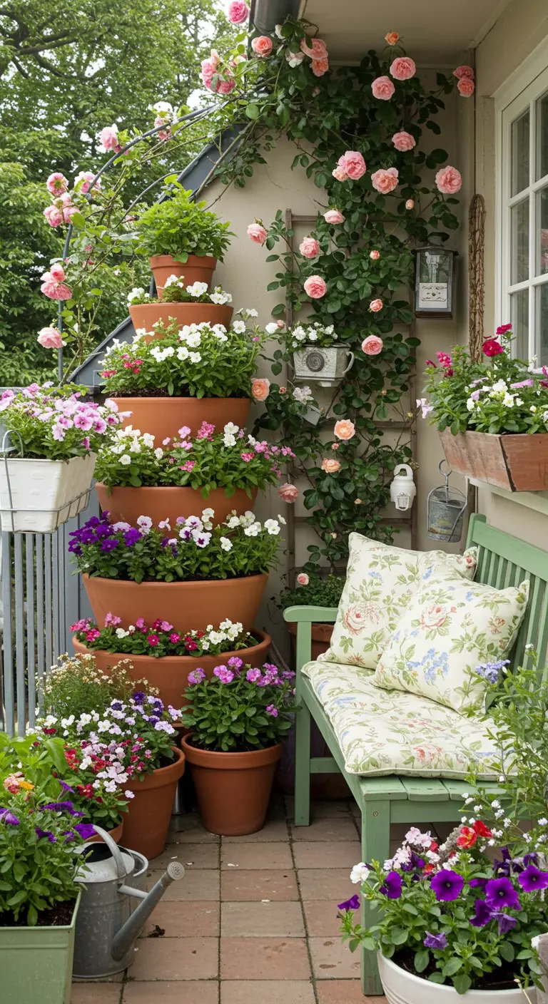 Balcon romantique avec roses grimpantes, pots en terre cuite et fleurs colorées.
