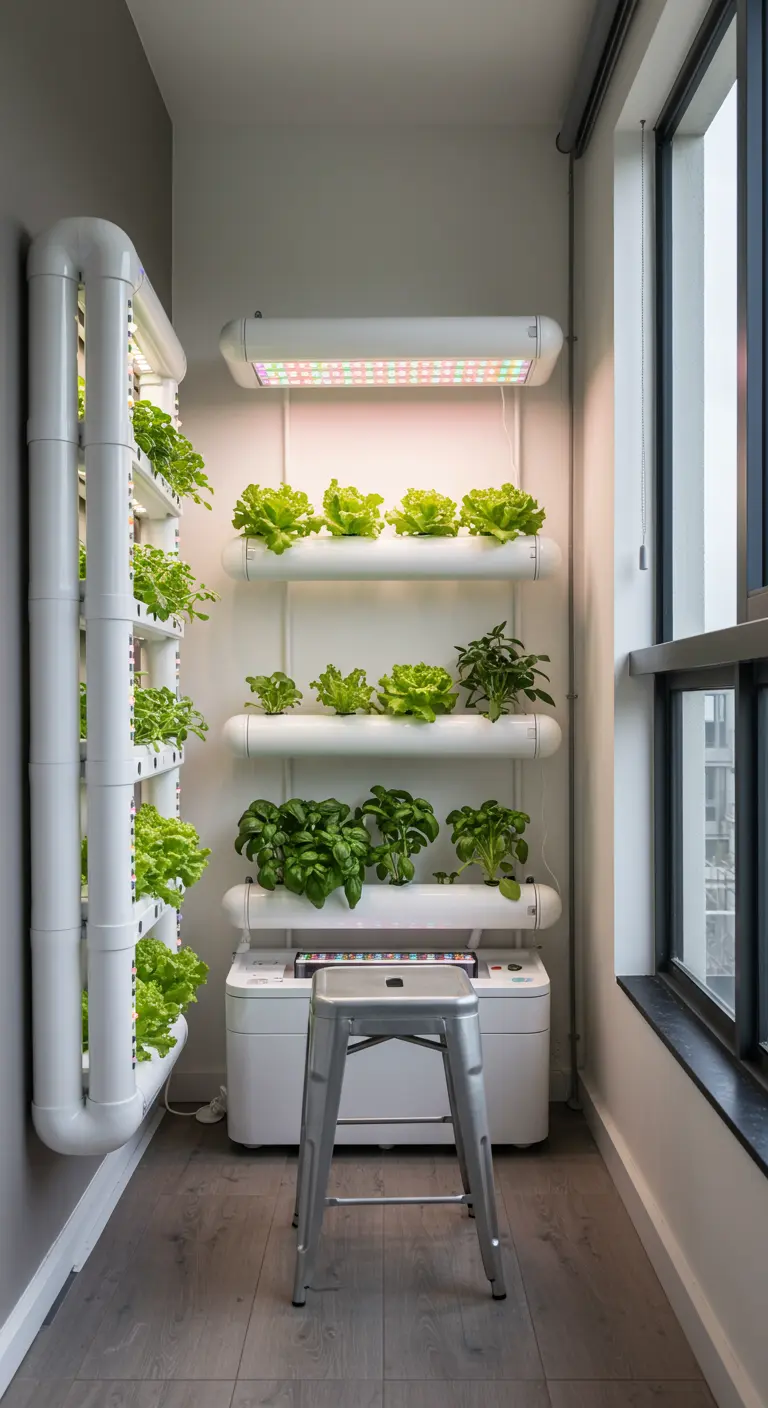 Système hydroponique vertical avec lumières de croissance sur un balcon étroit, rempli de salades