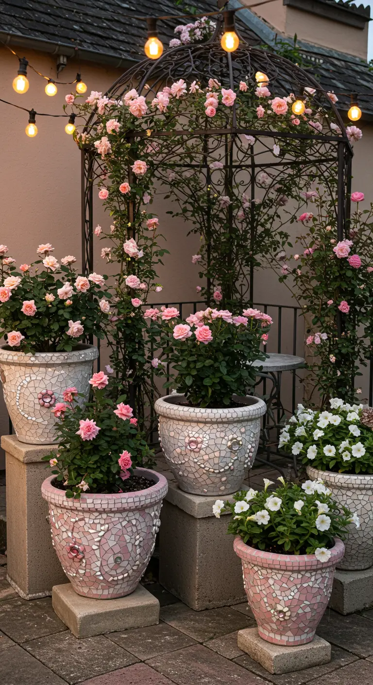 Coin de jardin avec gloriette en métal couverte de roses, pots mosaïque blancs et roses avec des fleurs.