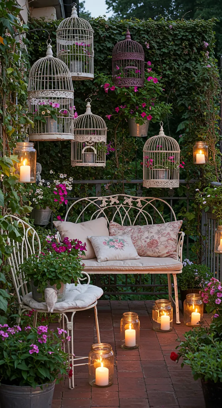 Balcon shabby chic avec cages à oiseaux décoratives suspendues et bougies.