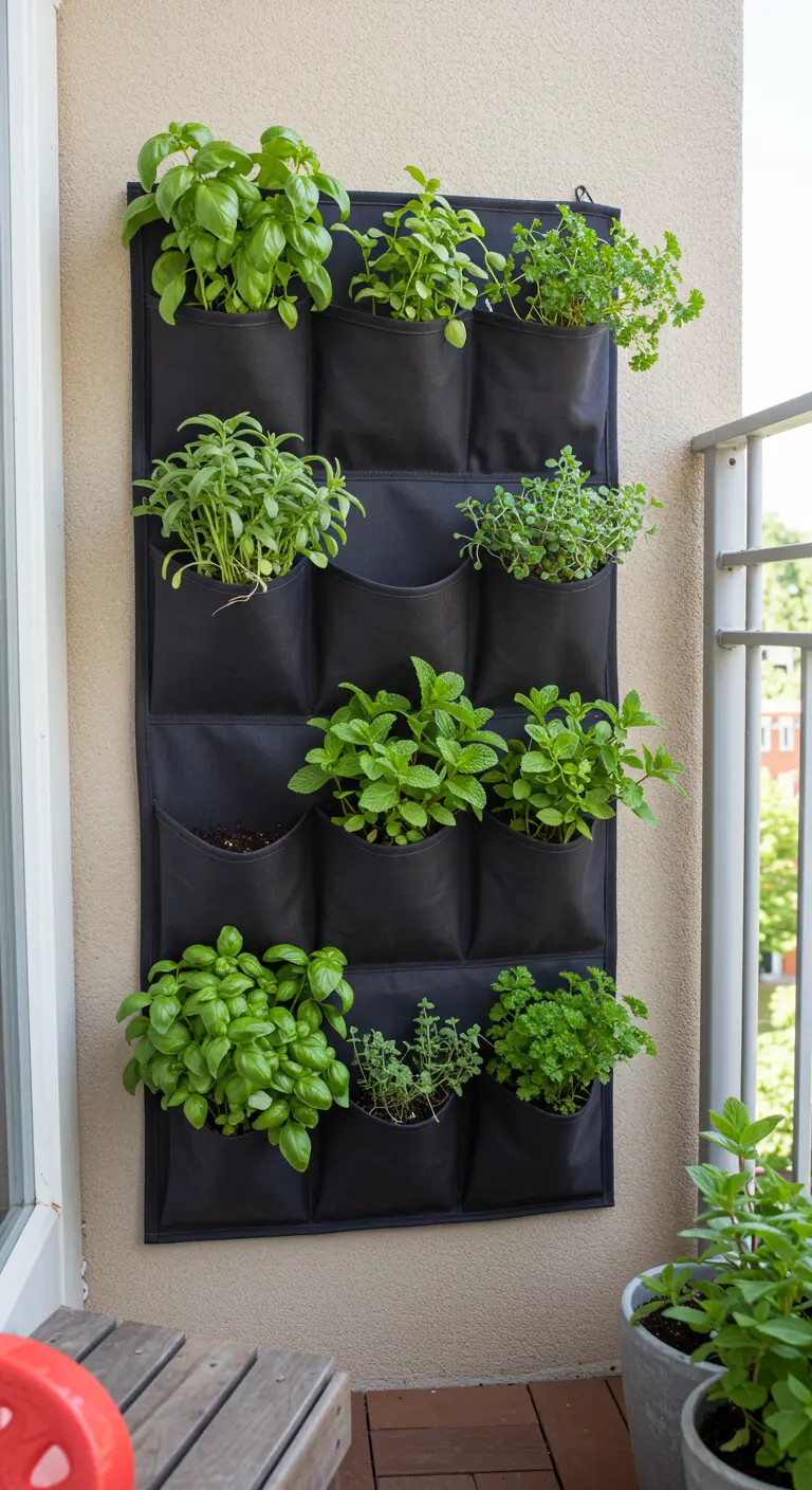Mur de balcon avec un organiseur mural en tissu noir rempli de plantes aromatiques.