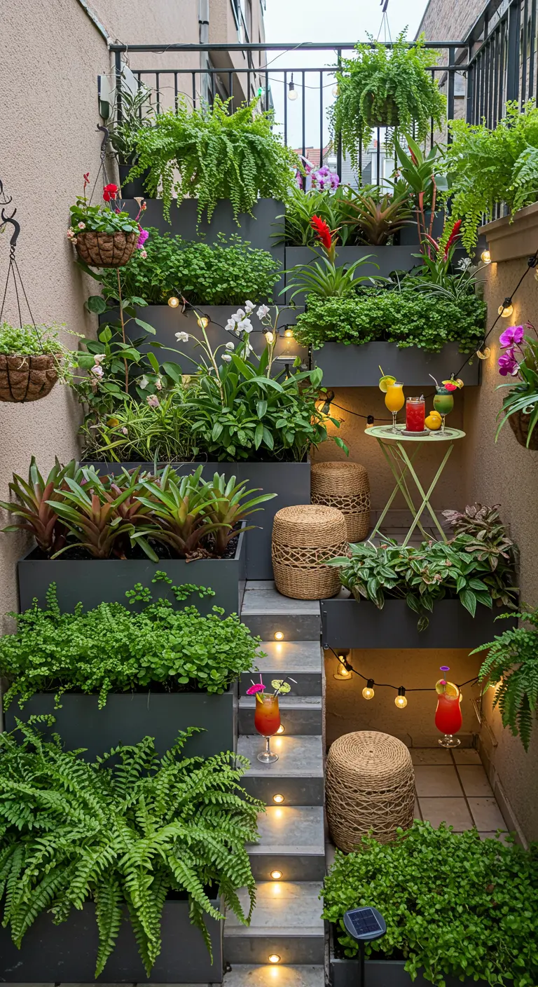 Jardin vertical en cascade avec plantes, guirlandes lumineuses et tabourets tressés.