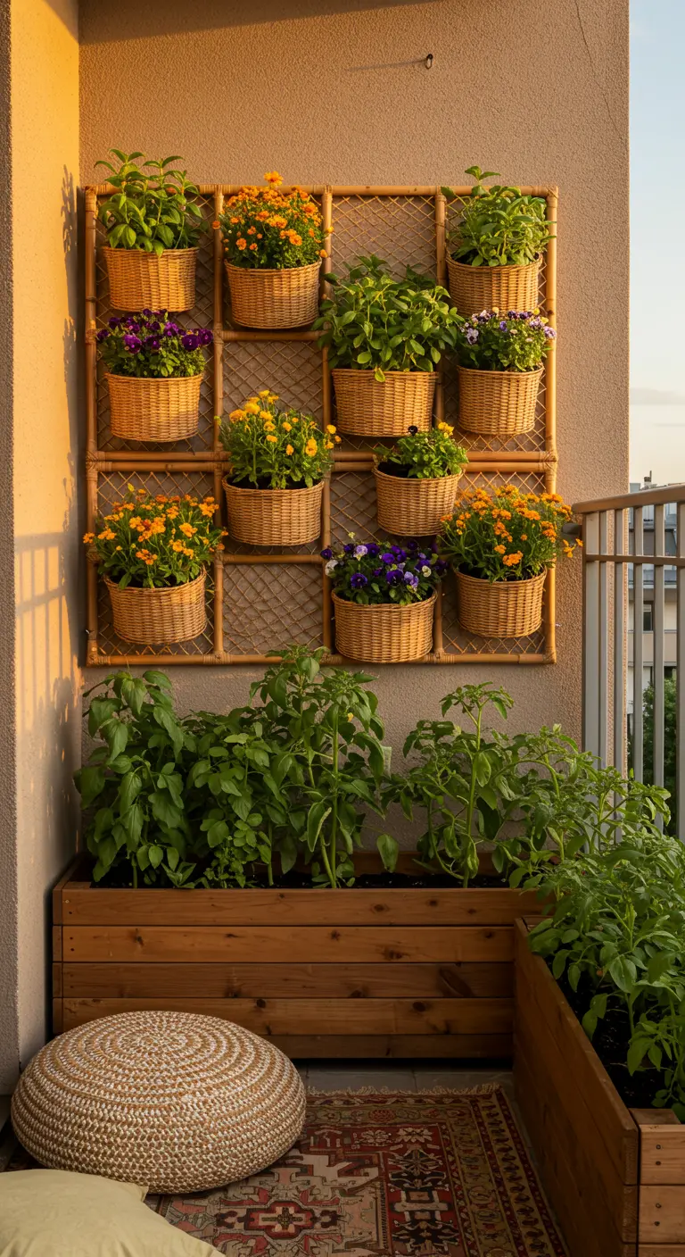 Mur végétal en bambou avec paniers tressés de fleurs, jardinières en bois et pouf sur balcon