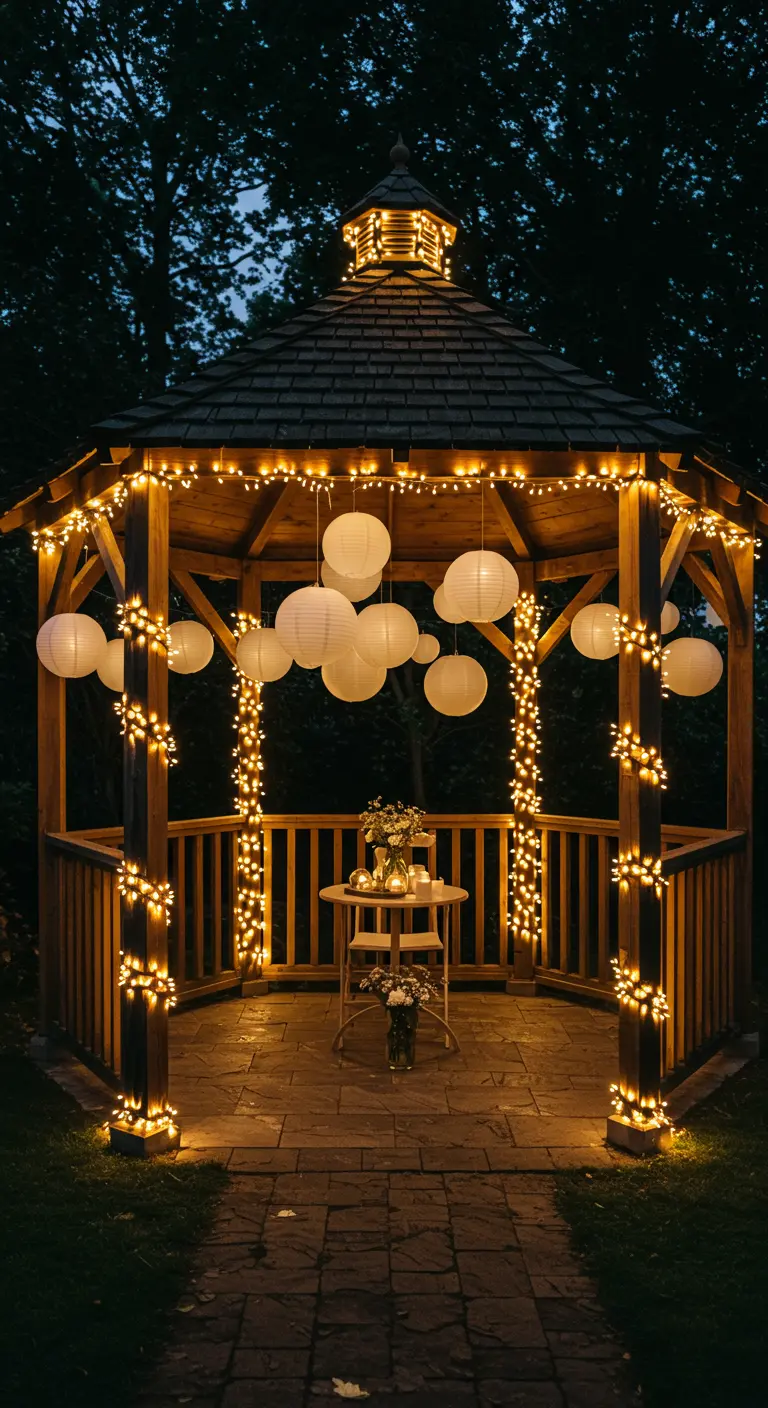 Kiosque de jardin en bois illuminé par des guirlandes lumineuses et des lampions blancs.