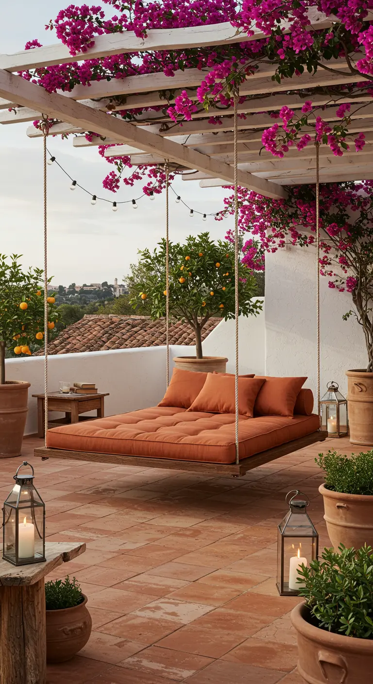 Un lit de jour suspendu en bois avec coussins orange sous une pergola fleurie de bougainvilliers sur une terrasse méditerranéenne.