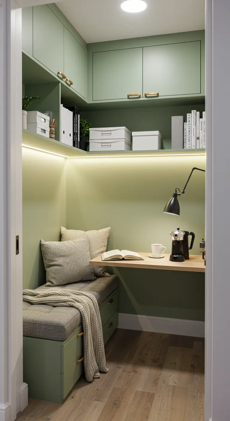 Micro-bureau vert sauge avec banquette intégrée, rangements et éclairage LED.