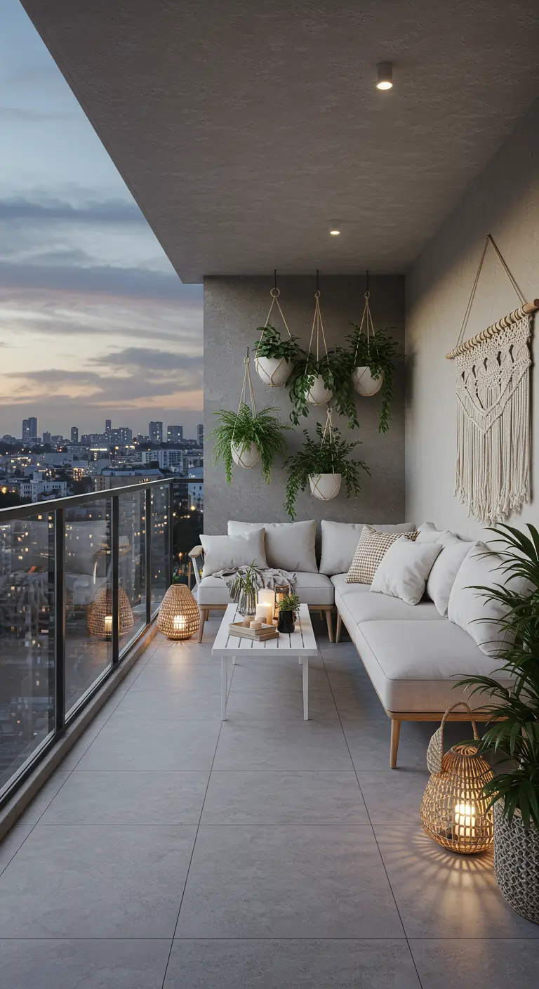Grand balcon avec vue sur la ville, canapé minimaliste, plantes suspendues et lanternes.