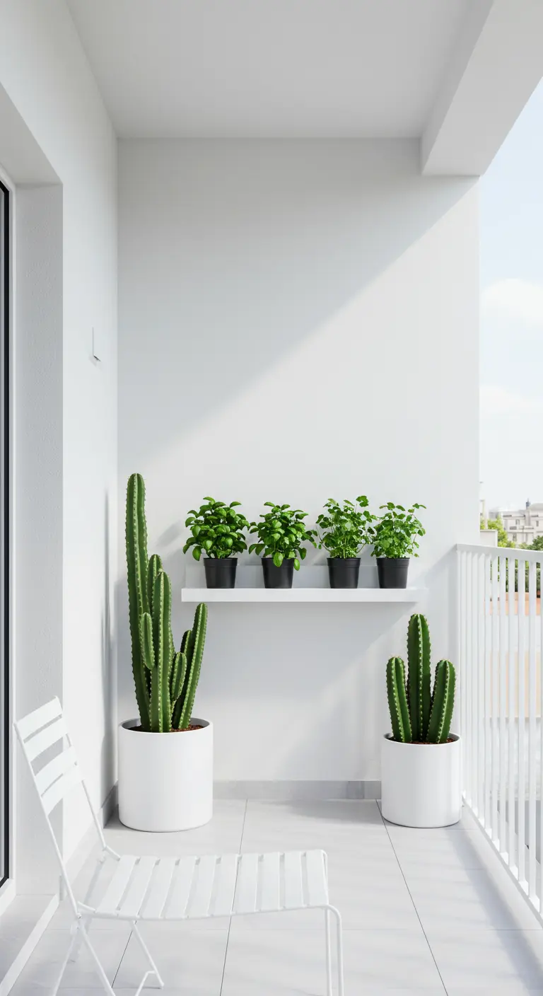 Balcon blanc minimaliste avec grands cactus, étagère d'herbes et chaise pliante blanche.
