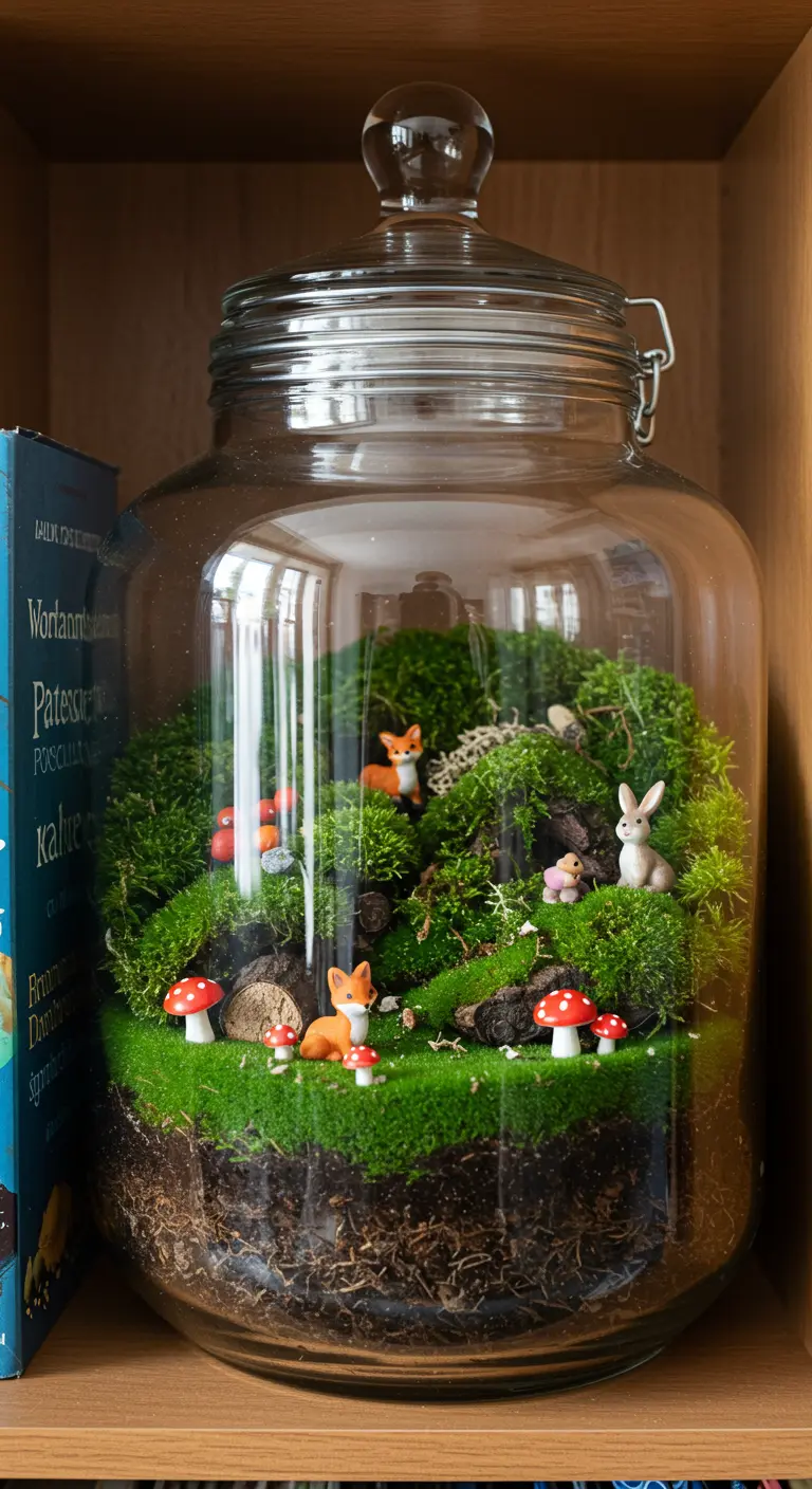 Grand bocal à conserves avec un terrarium forestier miniature, comprenant mousse, figurines de renards, lapins et champignons.