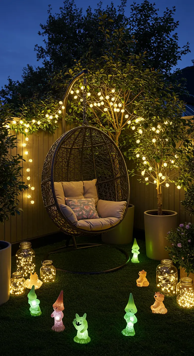 Coin jardin féerique avec chaise suspendue, arbre illuminé, jarres lumineuses et gnomes colorés.