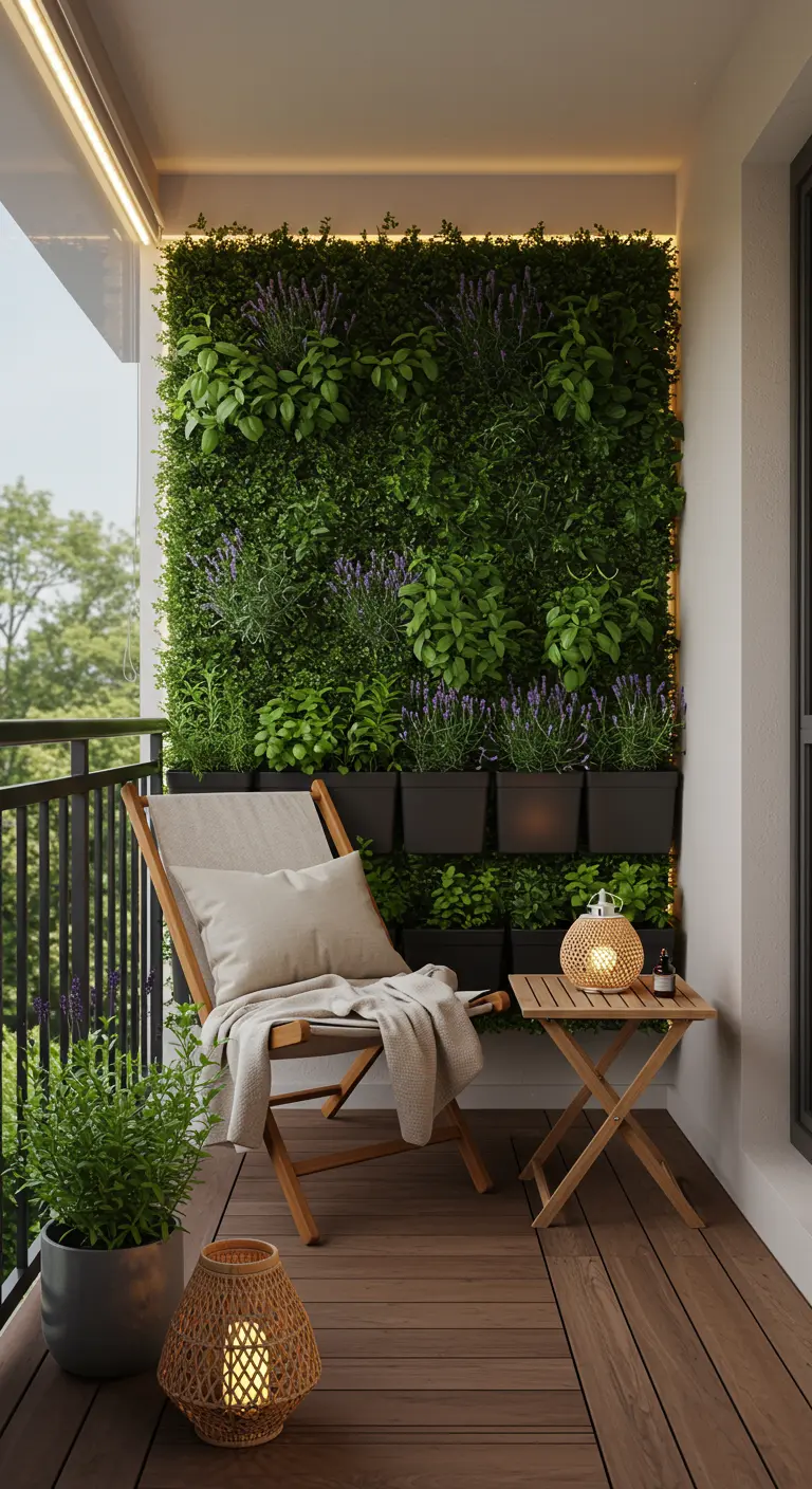 Balcon avec mur végétal de lavande et herbes, fauteuil pliant, table d'appoint et lanternes.