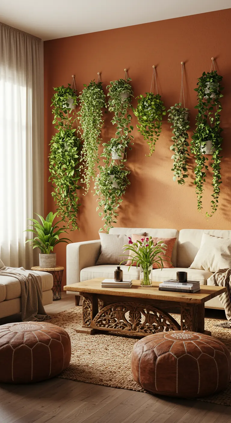 Mur couleur terre cuite avec plusieurs plantes vertes retombantes dans des pots blancs suspendus.