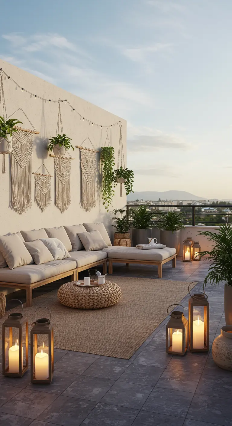Terrasse avec un mur décoré de plusieurs tentures en macramé et un salon d'extérieur.