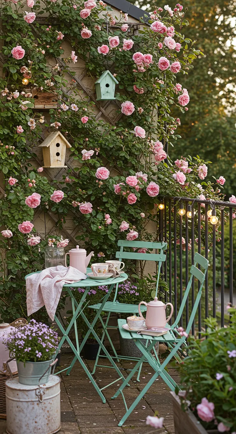 Balcon romantique avec mur de roses grimpantes, treillis et petites cabanes à oiseaux.