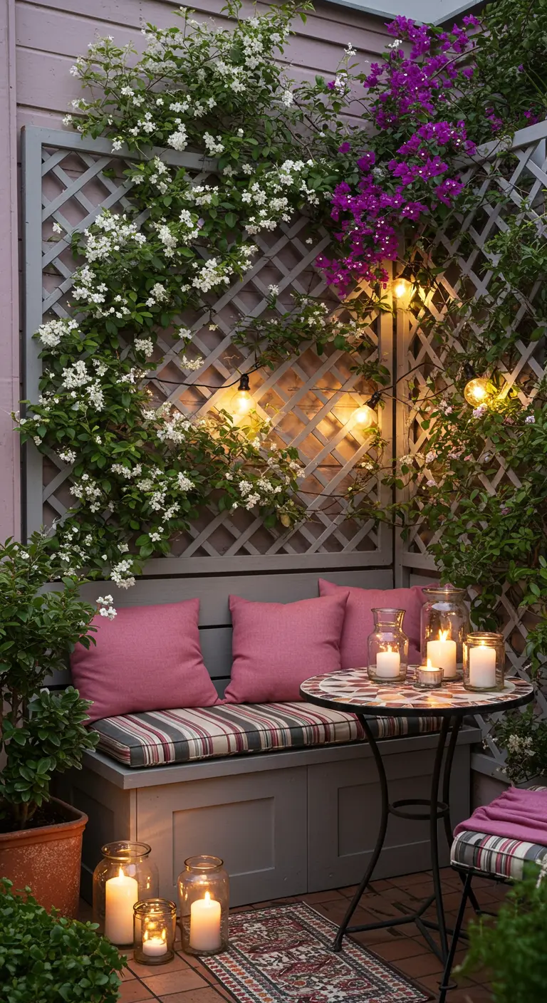 Patio avec treille fleurie, banquette rose, guirlande lumineuse et bougies sur table.