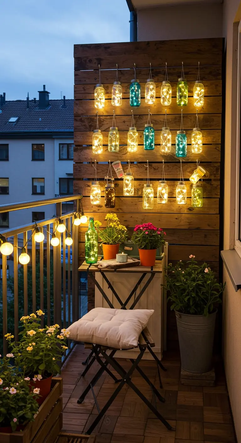 Petit balcon avec un mur en bois sur lequel sont suspendus des bocaux lumineux colorés, et des guirlandes sur la balustrade.