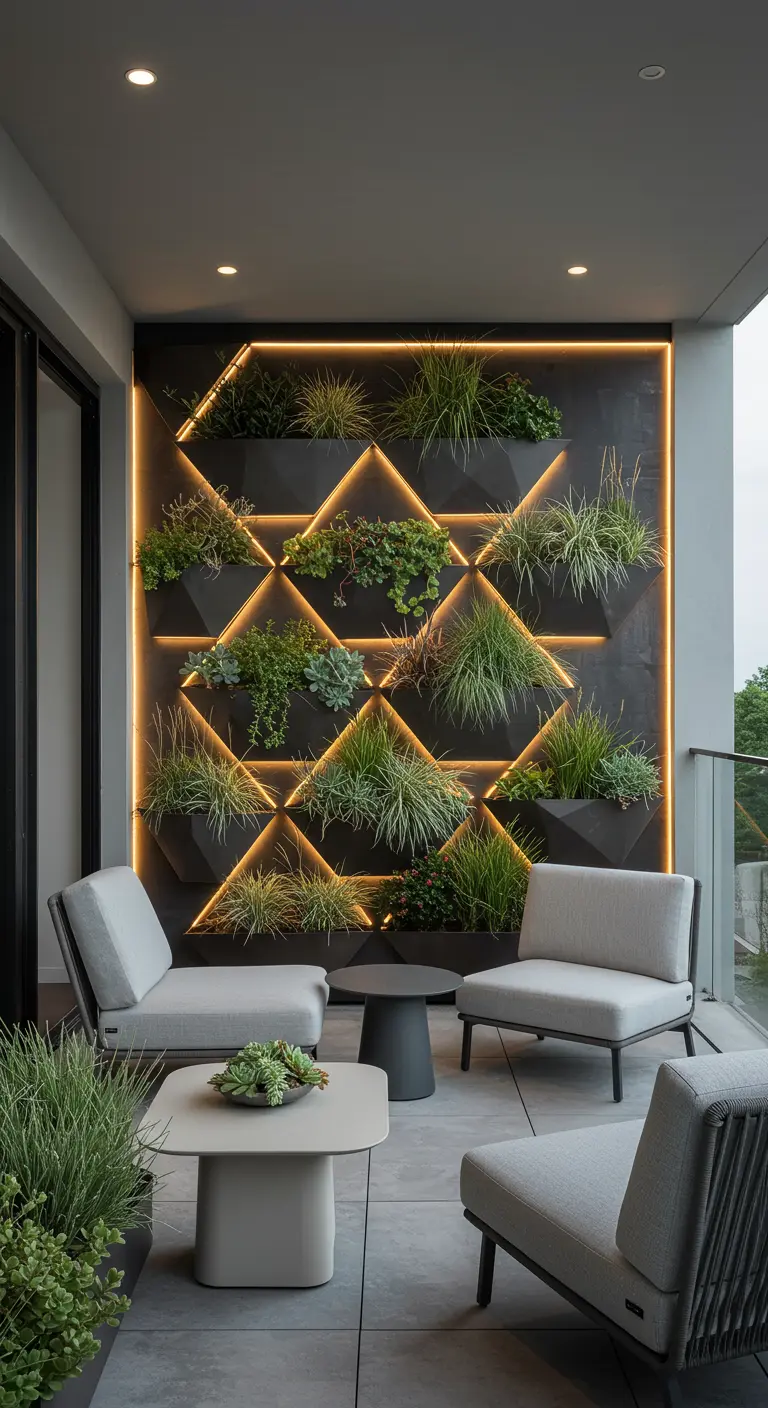 Mur végétal moderne et géométrique avec éclairage LED intégré sur un balcon.