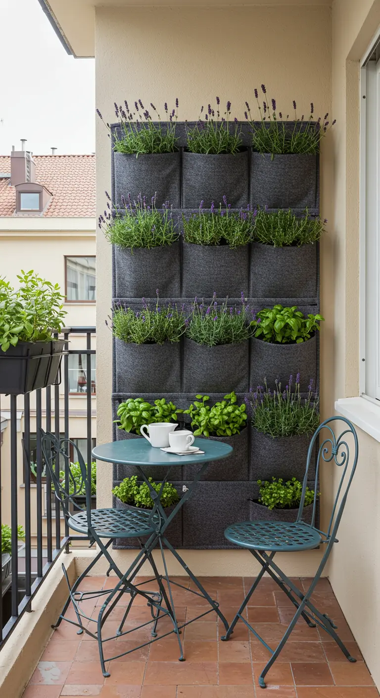 Petit balcon avec mur végétal de lavande et d'herbes, table de bistro et chaises.