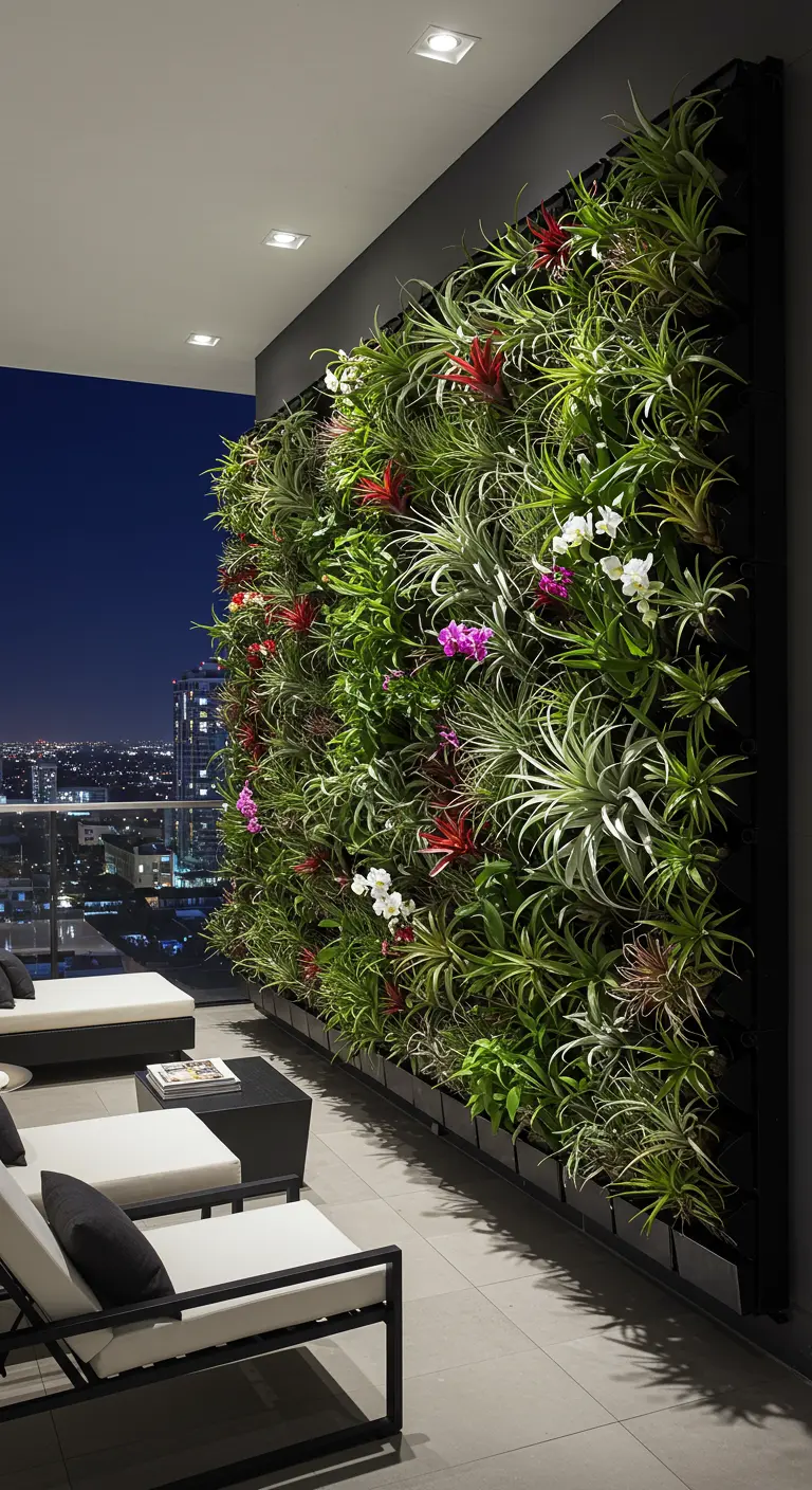 Balcon moderne avec un mur végétal luxuriant d'orchidées et tillandsias.