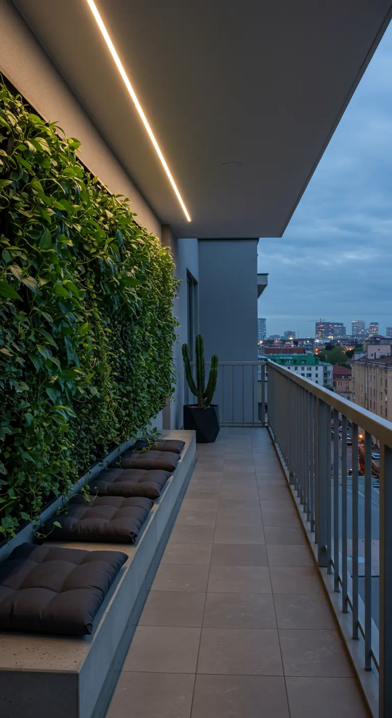 Balcon moderne avec mur végétal, banc intégré et éclairage LED linéaire, vue sur la ville.