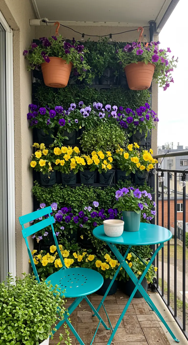 Balcon étroit avec mur végétal coloré de pensées jaunes et violettes, et un ensemble bistro vert.