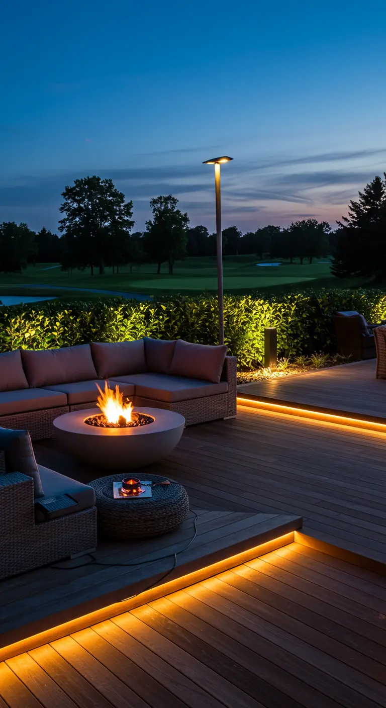 Grande terrasse moderne avec éclairage LED linéaire au sol, salon de jardin et foyer, vue sur un golf.