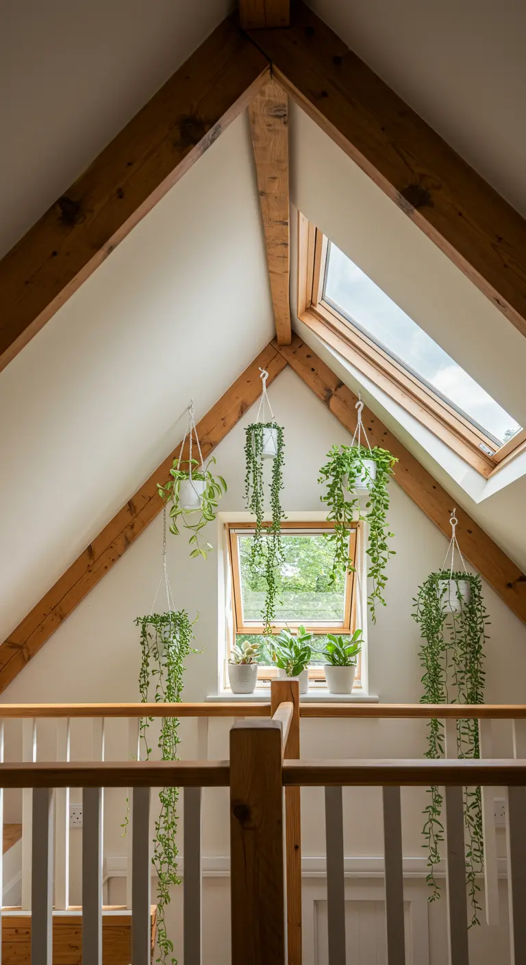 Combles lumineux avec poutres en bois, fenêtres de toit et de nombreux pots suspendus avec plantes tombantes.