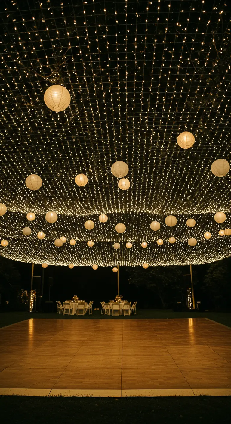 Piste de danse extérieure sous un plafond de guirlandes lumineuses et de lampions blancs.