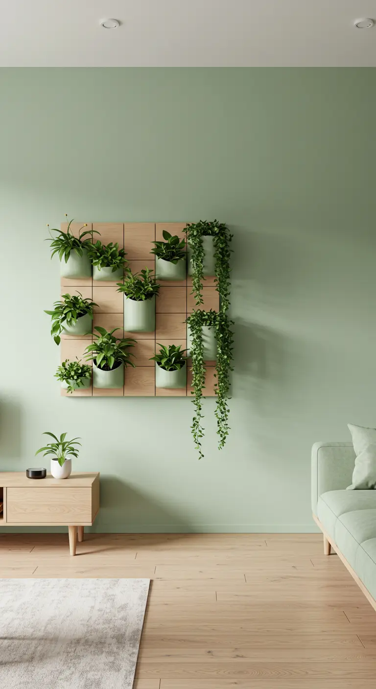 Mur vert pâle avec des pots verts clairs et plantes variées sur un panneau en bois, ambiance douce.
