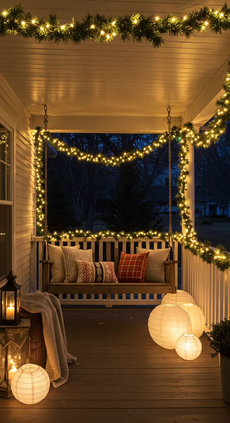 Porche décoré de guirlandes lumineuses de sapin, d'une balançoire avec coussins et de lanternes de papier au sol.