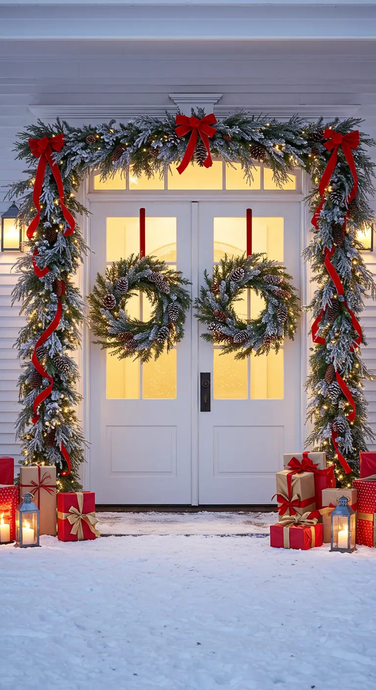 Double porte blanche décorée d'une arche de guirlandes, deux couronnes, rubans rouges et cadeaux.