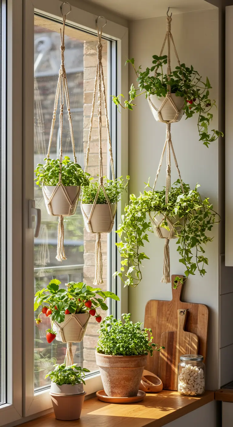 Intérieur avec pots suspendus près d'une fenêtre, contenant herbes, fraises et plantes vertes, ambiance cuisine.