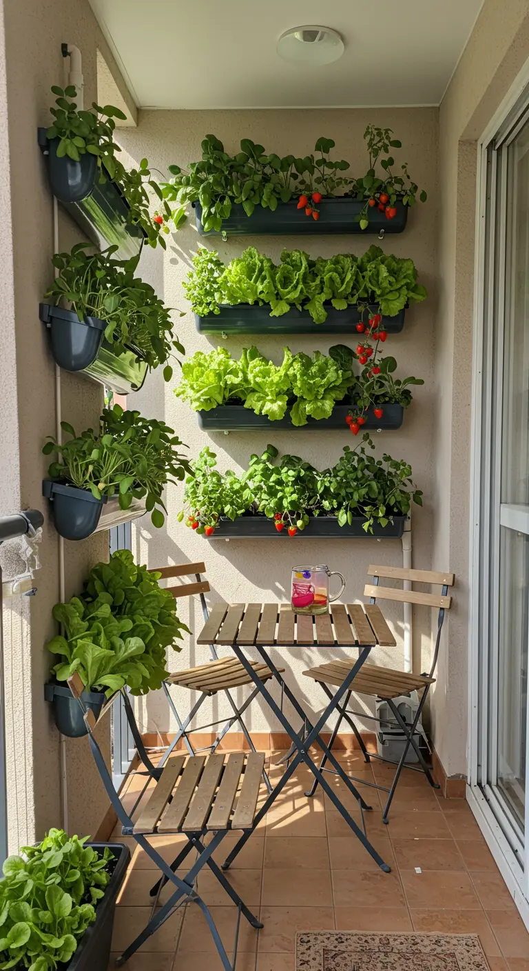 Petit balcon avec potager vertical de laitues et tomates cerises en jardinières.
