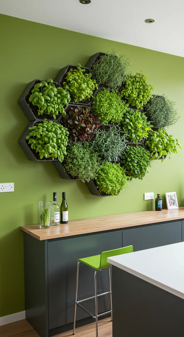 Mur végétal hexagonal de cuisine avec diverses herbes aromatiques fraîches.