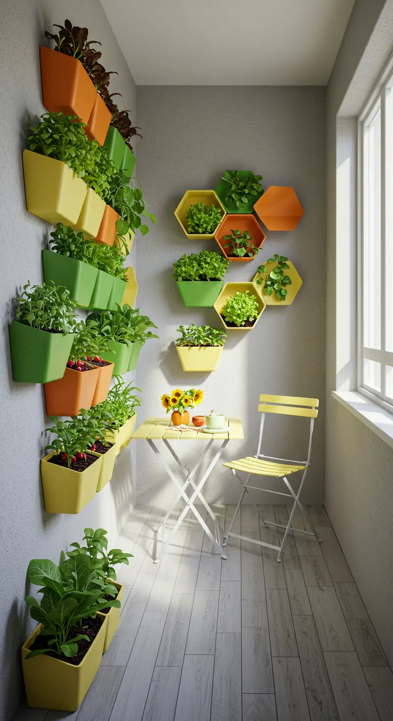 Jardinières hexagonales colorées et verticales sur un balcon, avec petit coin repas jaune