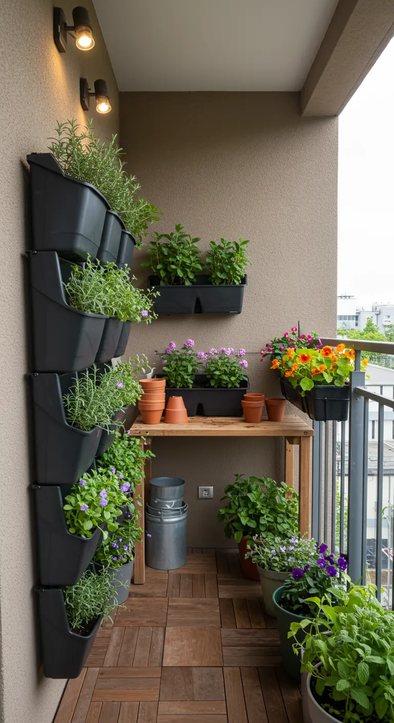 Balcon avec un jardin vertical d'herbes et de fleurs, une console en bois et des lumières murales.