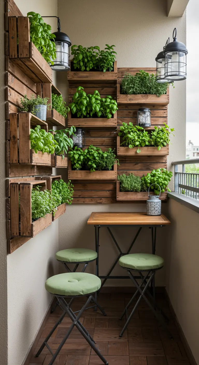 Mur végétal de caisses en bois sur un balcon, rempli d'herbes aromatiques.