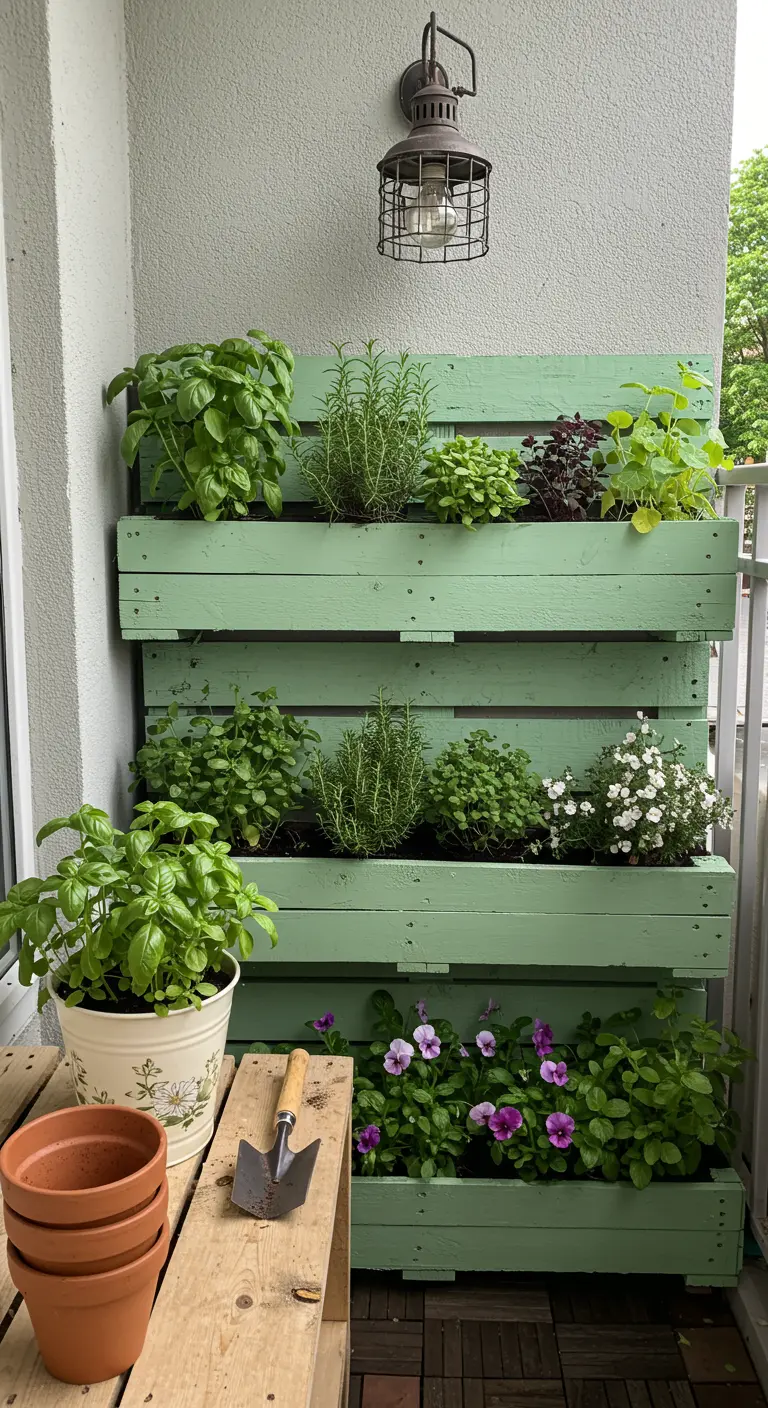 Mur végétal en palettes vertes avec diverses herbes aromatiques et pensées, près d'un pot de basilic.