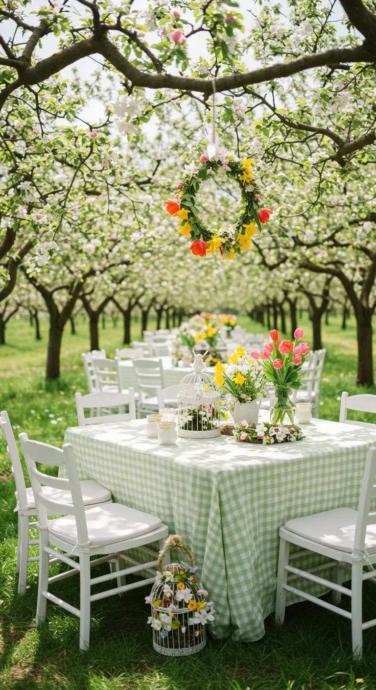 Tables de mariage en plein air sous les pommiers en fleur avec couronnes et nappes vichy.