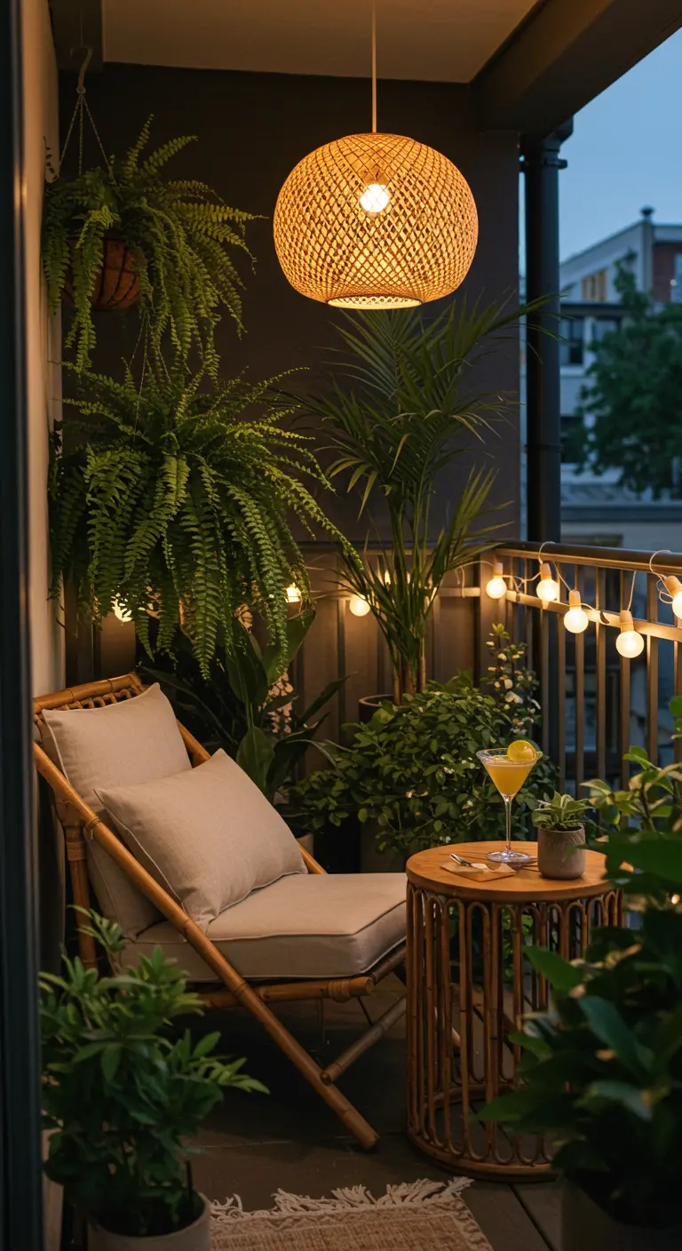 Balcon tropical cosy avec fauteuil en rotin, fougères, suspension bambou et guirlande lumineuse.