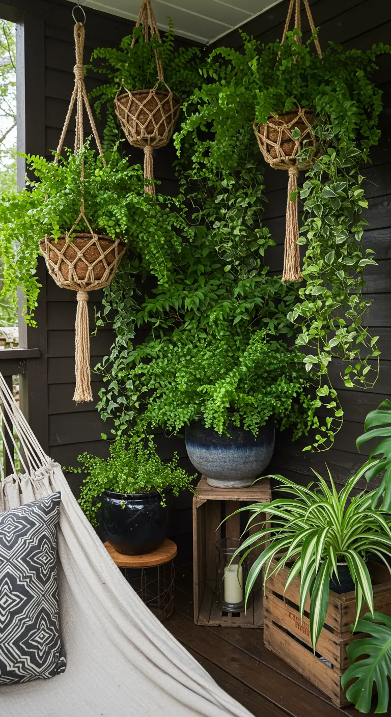 Coin extérieur ombragé avec hamac, pots suspendus de fougères luxuriantes et plantes en pots au sol.