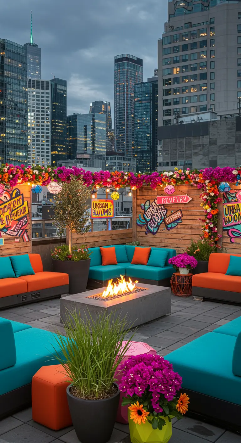Rooftop urbain vibrant avec canapés colorés, foyer, murs graffitis et guirlandes florales.