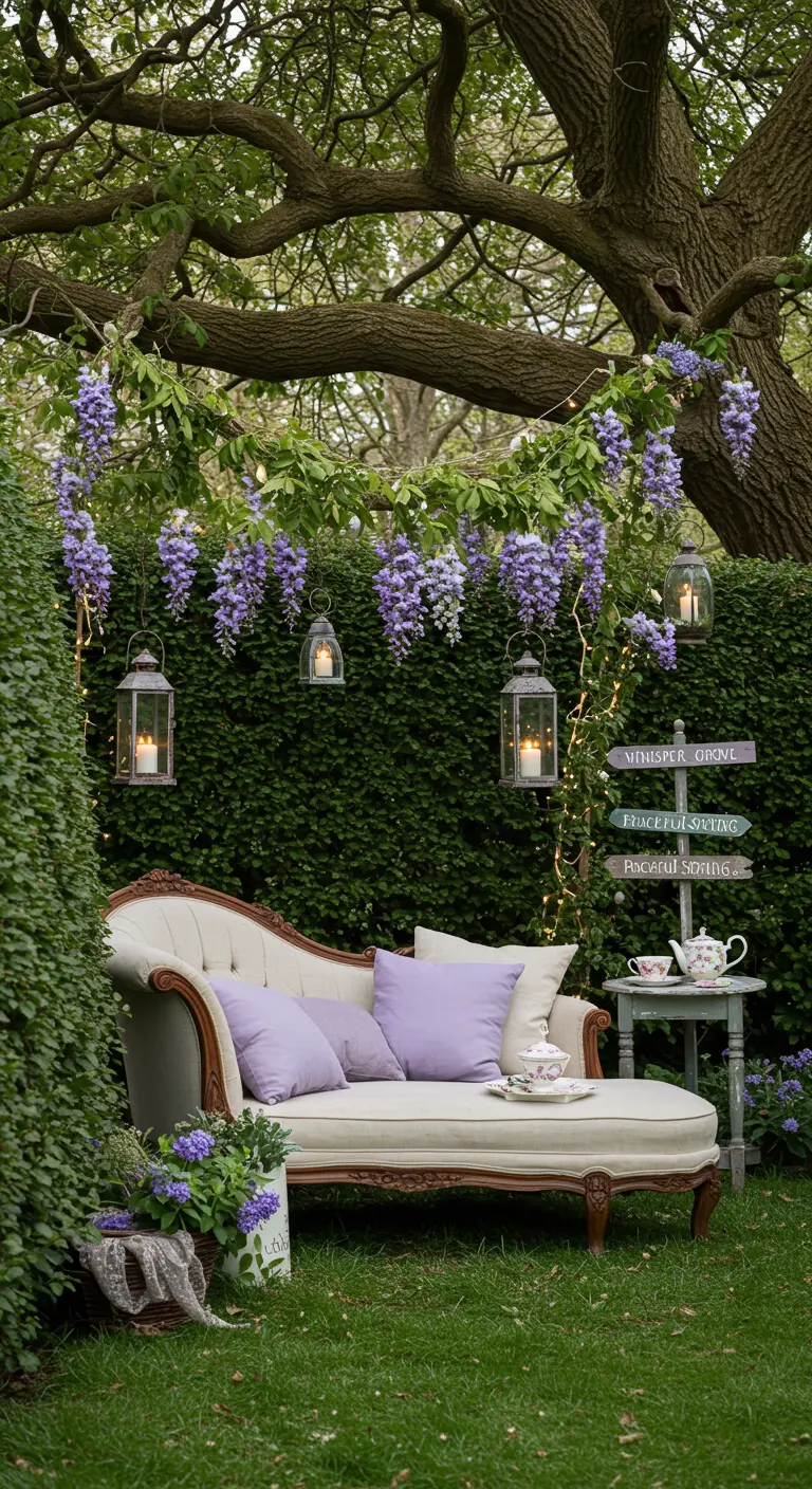Coin lounge romantique dans un jardin avec canapé ancien, glycines fleuries et lanternes suspendues.