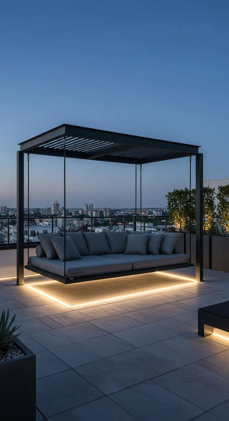 Un canapé suspendu moderne sur un toit-terrasse urbain avec éclairage LED au sol.