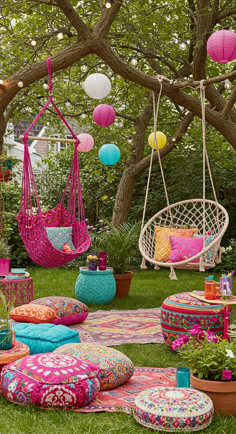 Deux chaises suspendues colorées (hamac et bulle) sous des arbres, décorées de lampions et de coussins vifs.