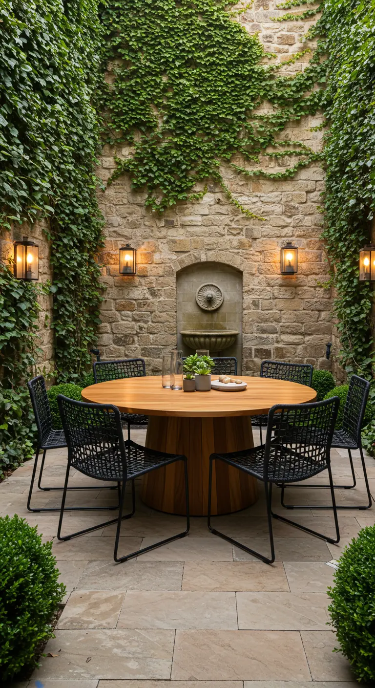 Table ronde en bois, chaises noires tressées dans un patio en pierre avec murs de lierre et fontaine.